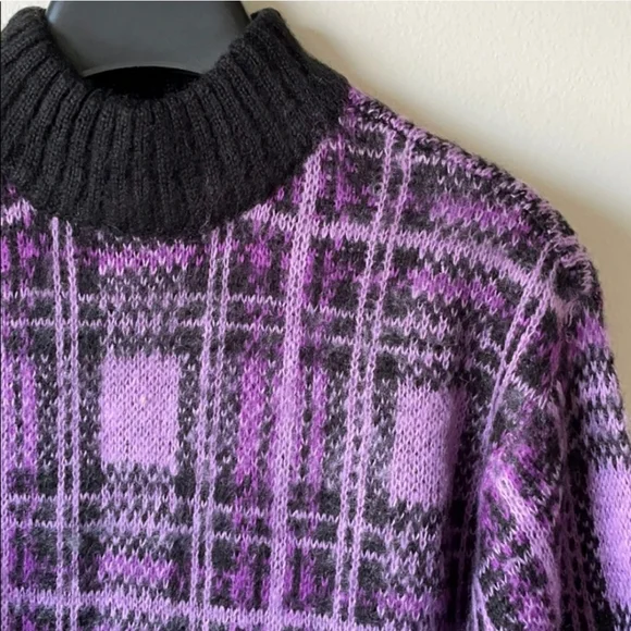 Nine West Purple Plaid Mock Neck Fuzzy Sweater - Picture 3 of 5